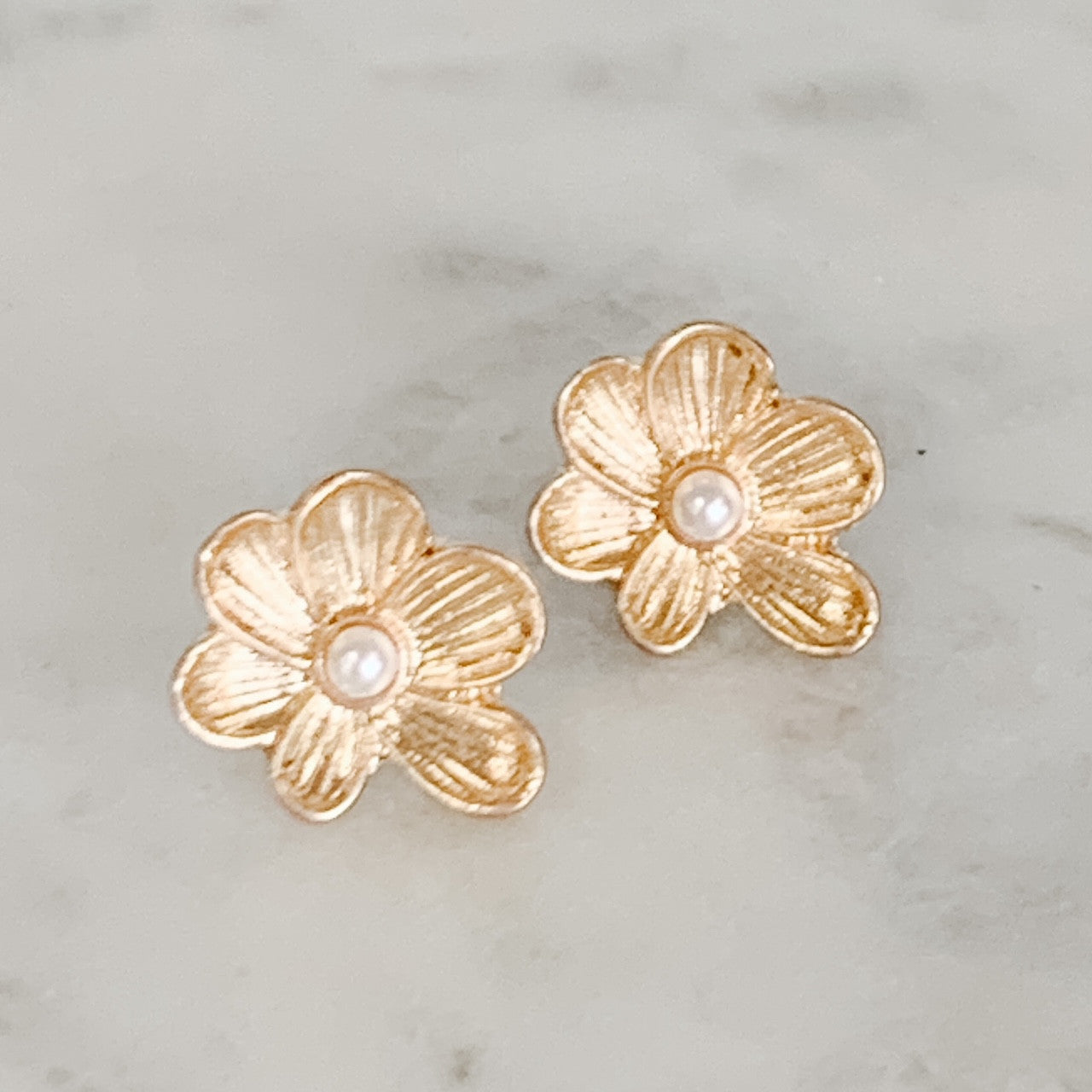 Gold Flower and Pearl Post Earrings