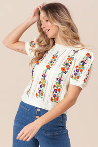 Flower Embroidery Short Sleeve Sweater