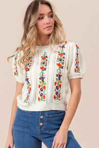 Flower Embroidery Short Sleeve Sweater