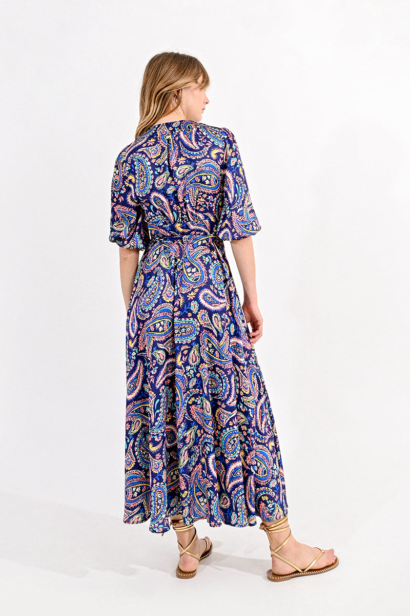wrap dress paisley Medellin Gathered Side-Tie Beige MATERIAL POLYESTER Turquoise Wrap Midi Dress -