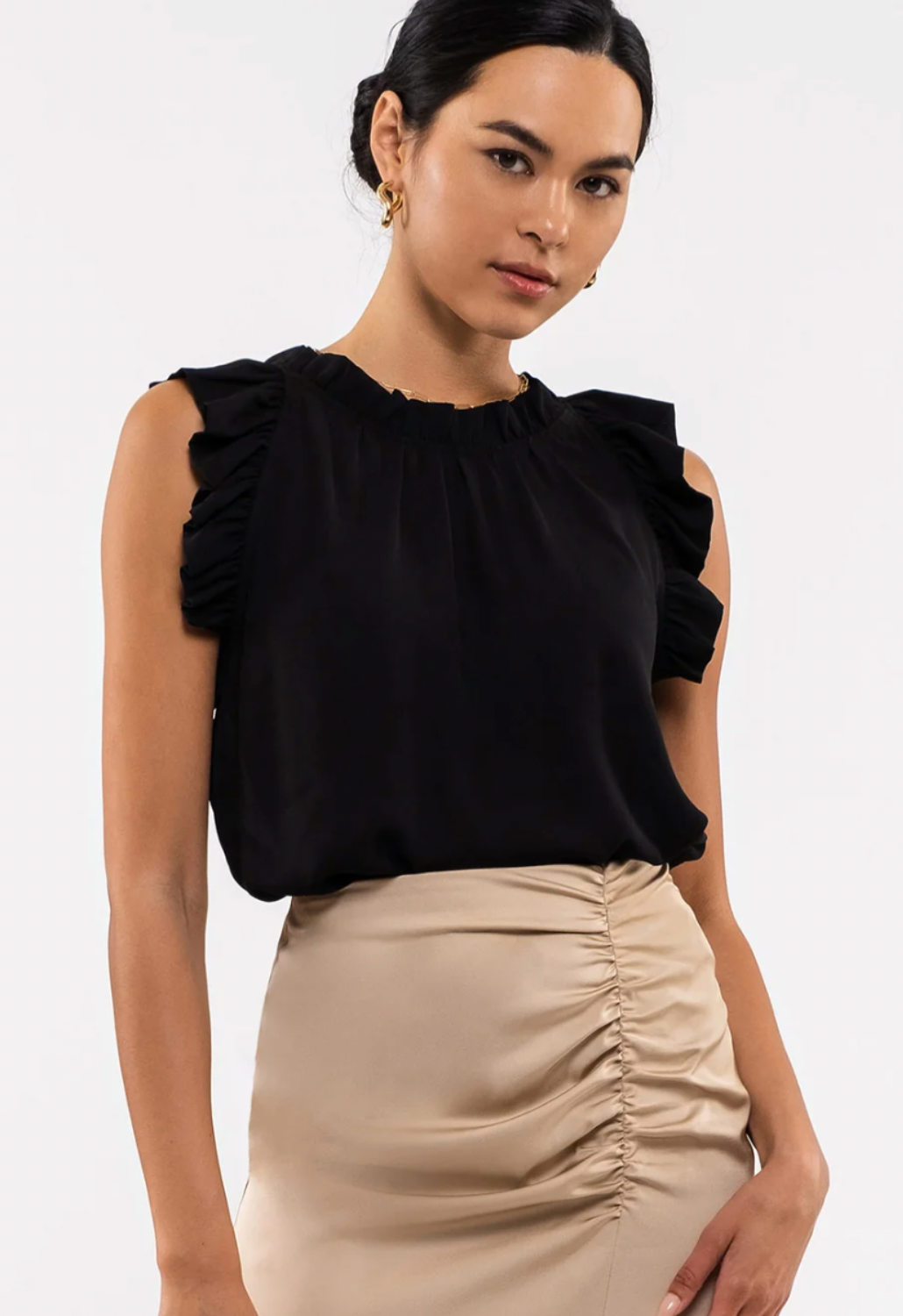 Saint Tropez Lilly Short Sleeve Ruffle Neck Blouse, Black