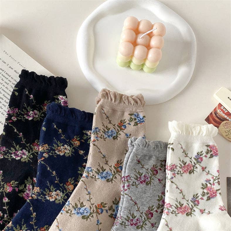 5 Pairs Women Casual Rolled Cuff Floral Socks