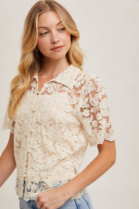 Sheer Embroidered Pearl Button Down Top