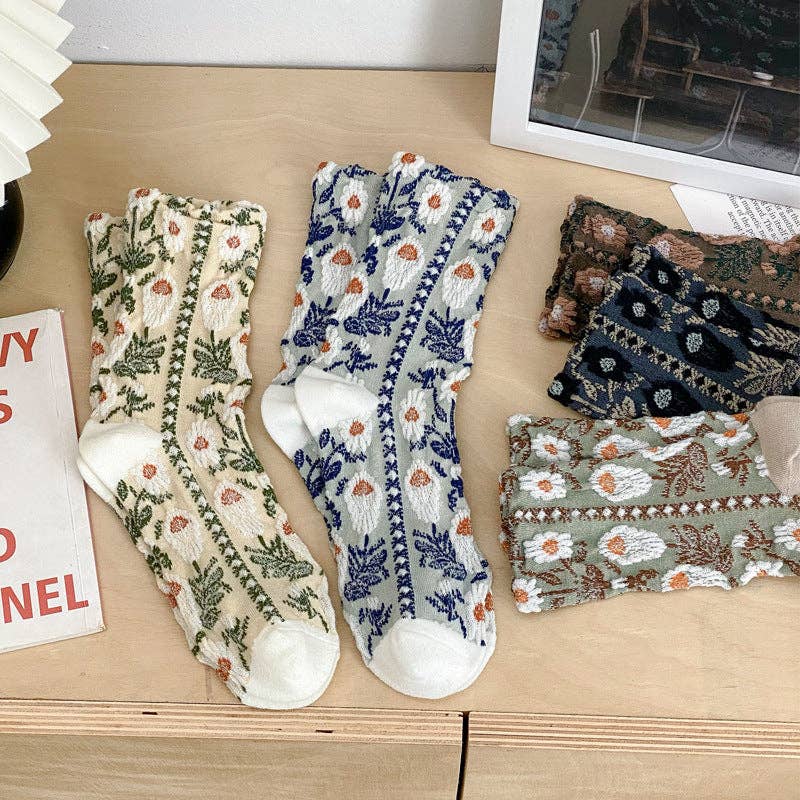 Vintage Style Floral Crew Socks (5 Pairs)