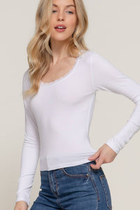 Long Sleeve Scoop Neck with Lace Trim Rib Knit Top