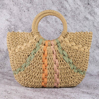 Striped Straw Weave Round Rope Handle Tote Bag