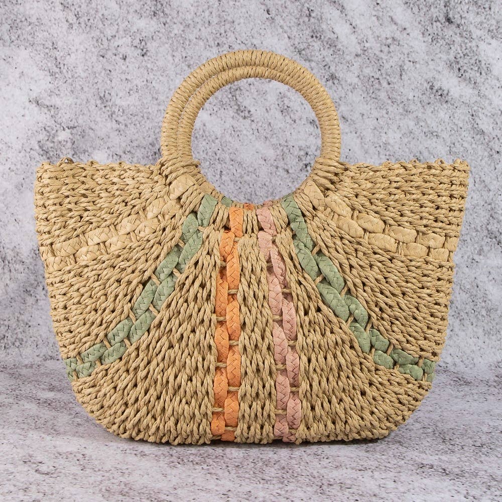 Striped Straw Weave Round Rope Handle Tote Bag