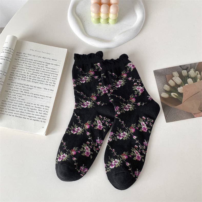 5 Pairs Women Casual Rolled Cuff Floral Socks