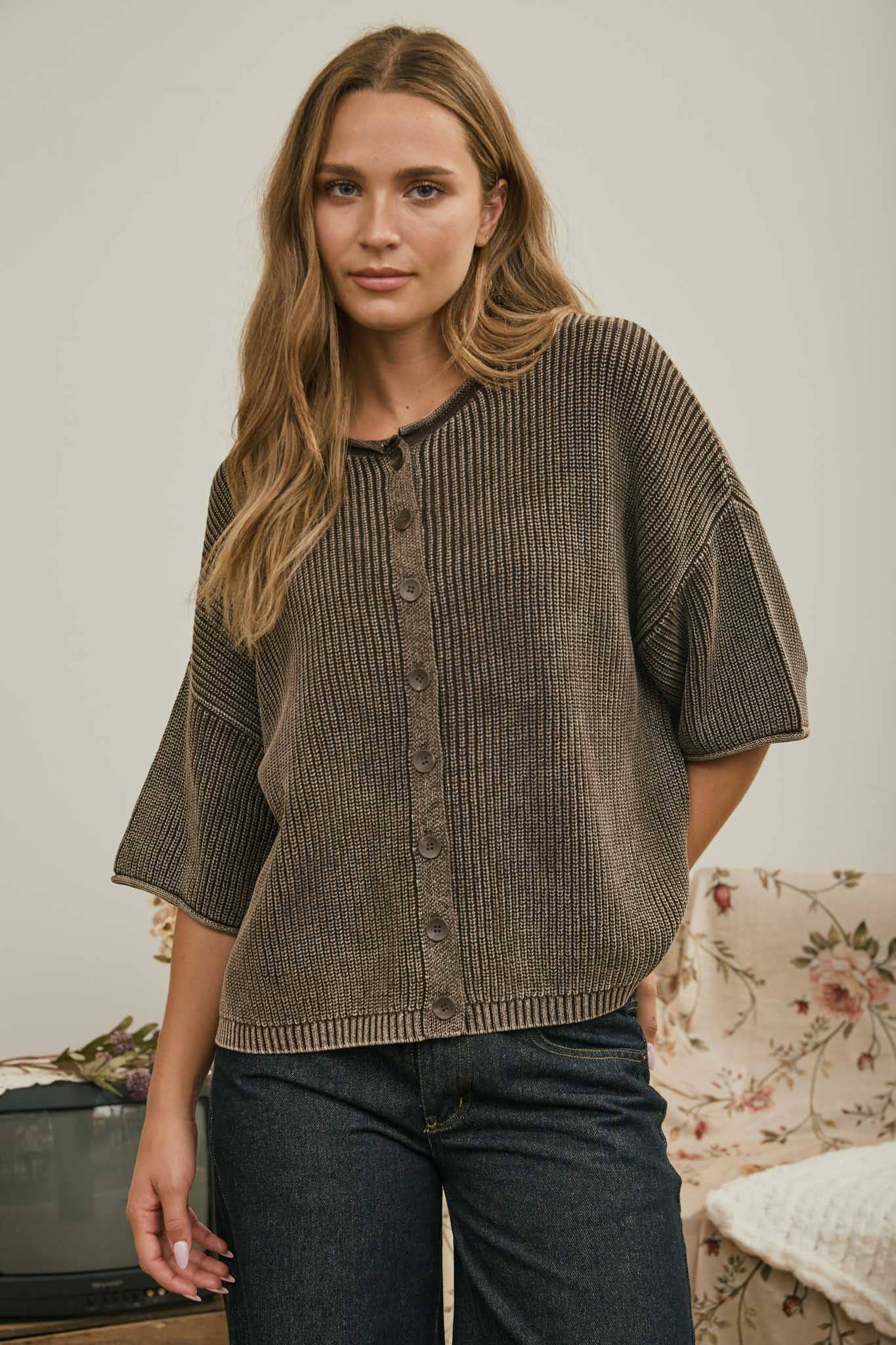 Washed Short Sleeve Cardigan