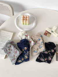 5 Pairs Women Casual Rolled Cuff Floral Socks