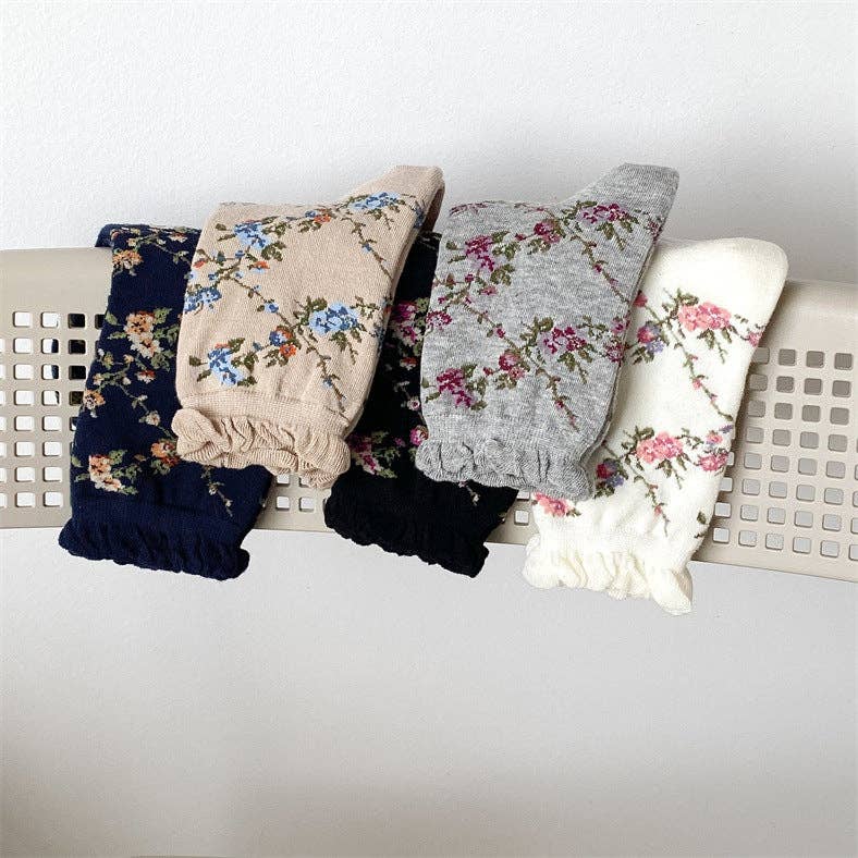 5 Pairs Women Casual Rolled Cuff Floral Socks