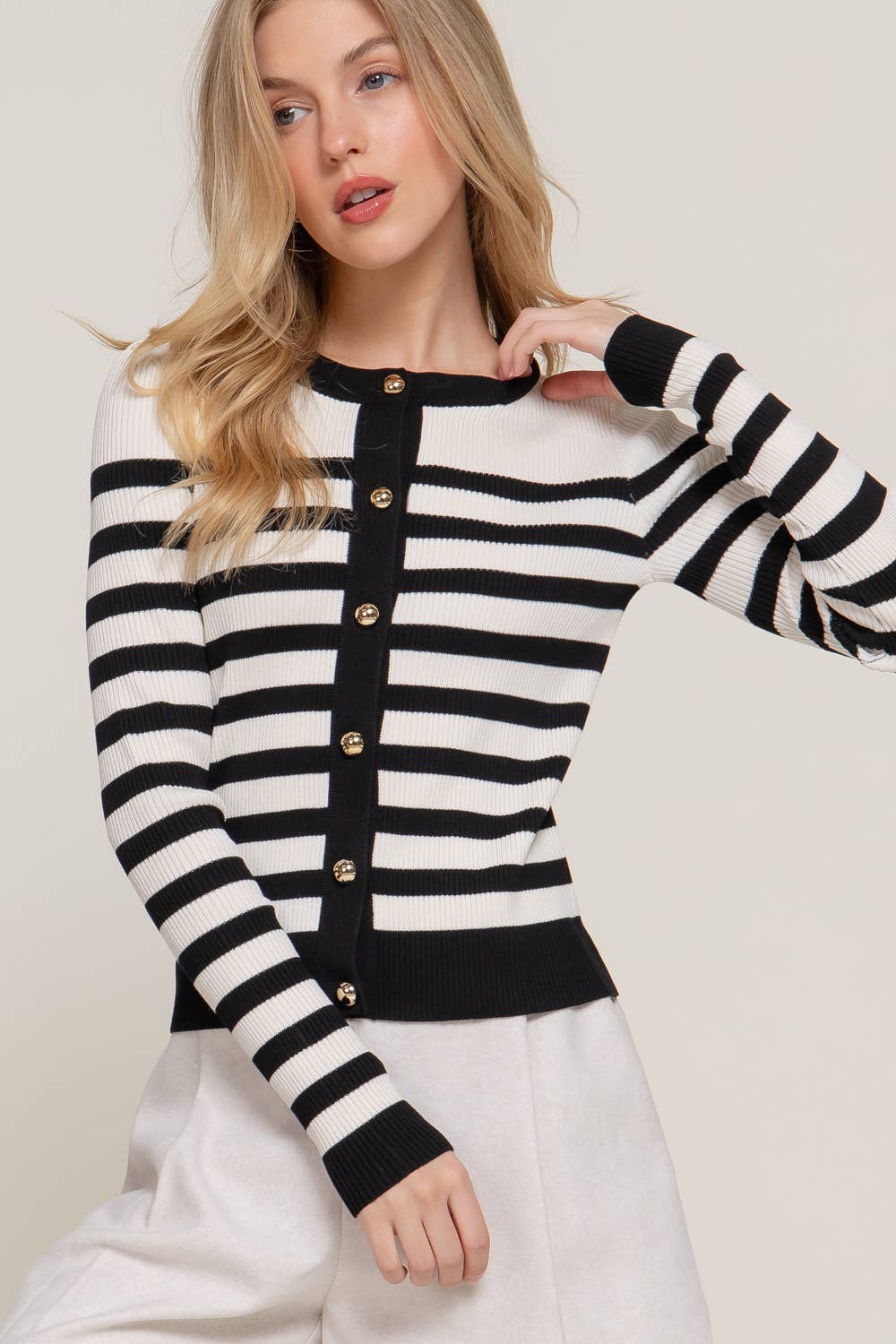 Long Sleeve Crew Neck Stripe Sweater Cardigan