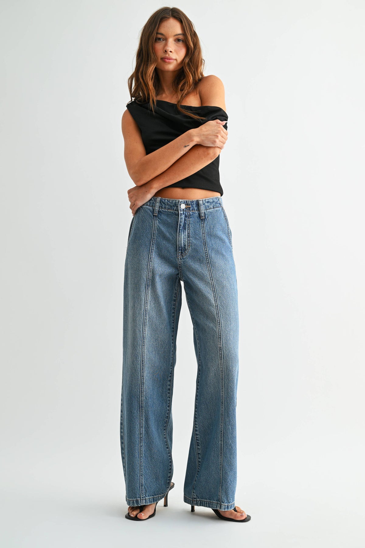 No Pocket Seamed Trouser Wide Leg - MEDIUM DENIM - DP709N