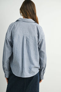 Striped Button-Up Collared Long Sleeve Top - Blue