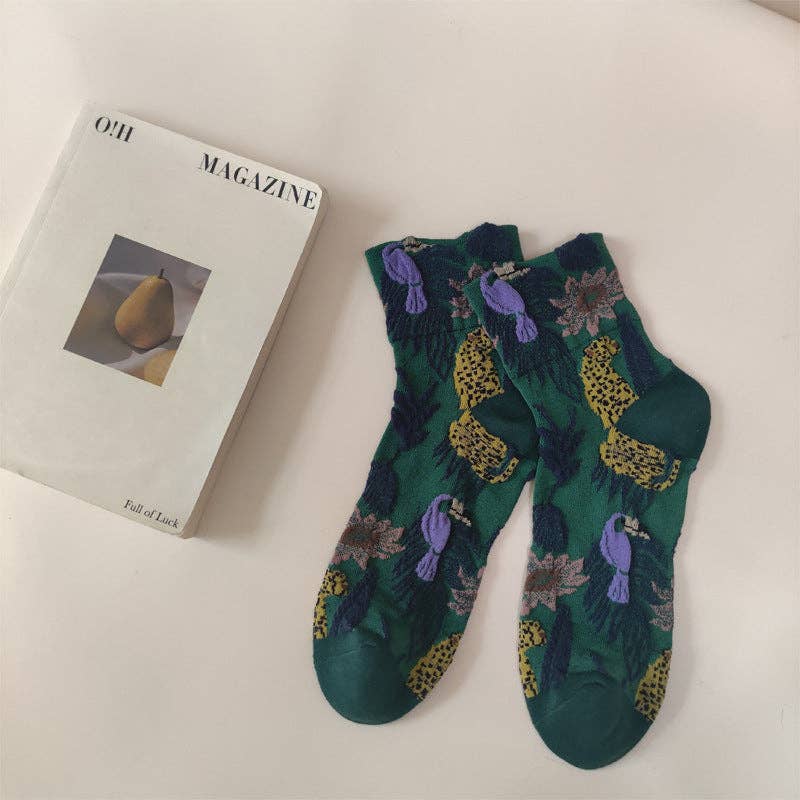 5 Pairs Vintage Embossed Floral Crew Socks