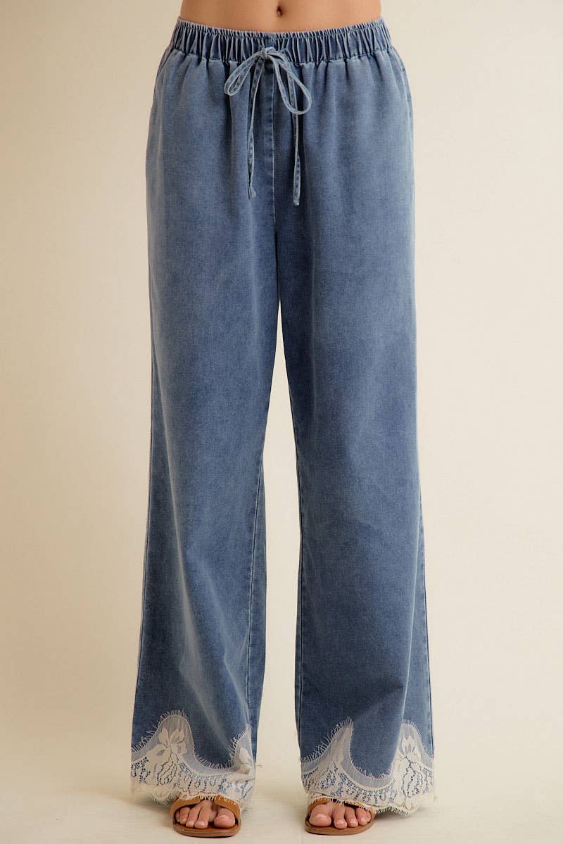 Lace Trim Wide Leg Denim Pant