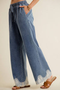 Lace Trim Wide Leg Denim Pant