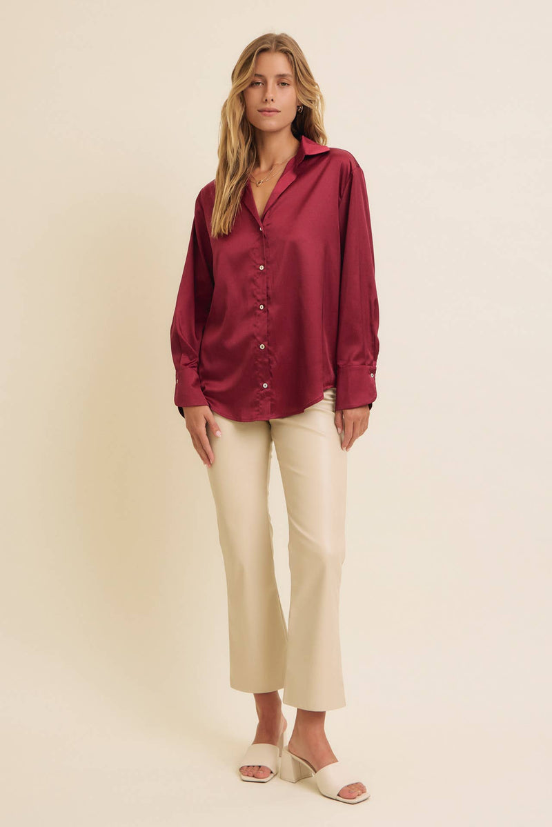 Button Down Satin Shirt- Burgundy