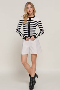 Long Sleeve Crew Neck Stripe Sweater Cardigan