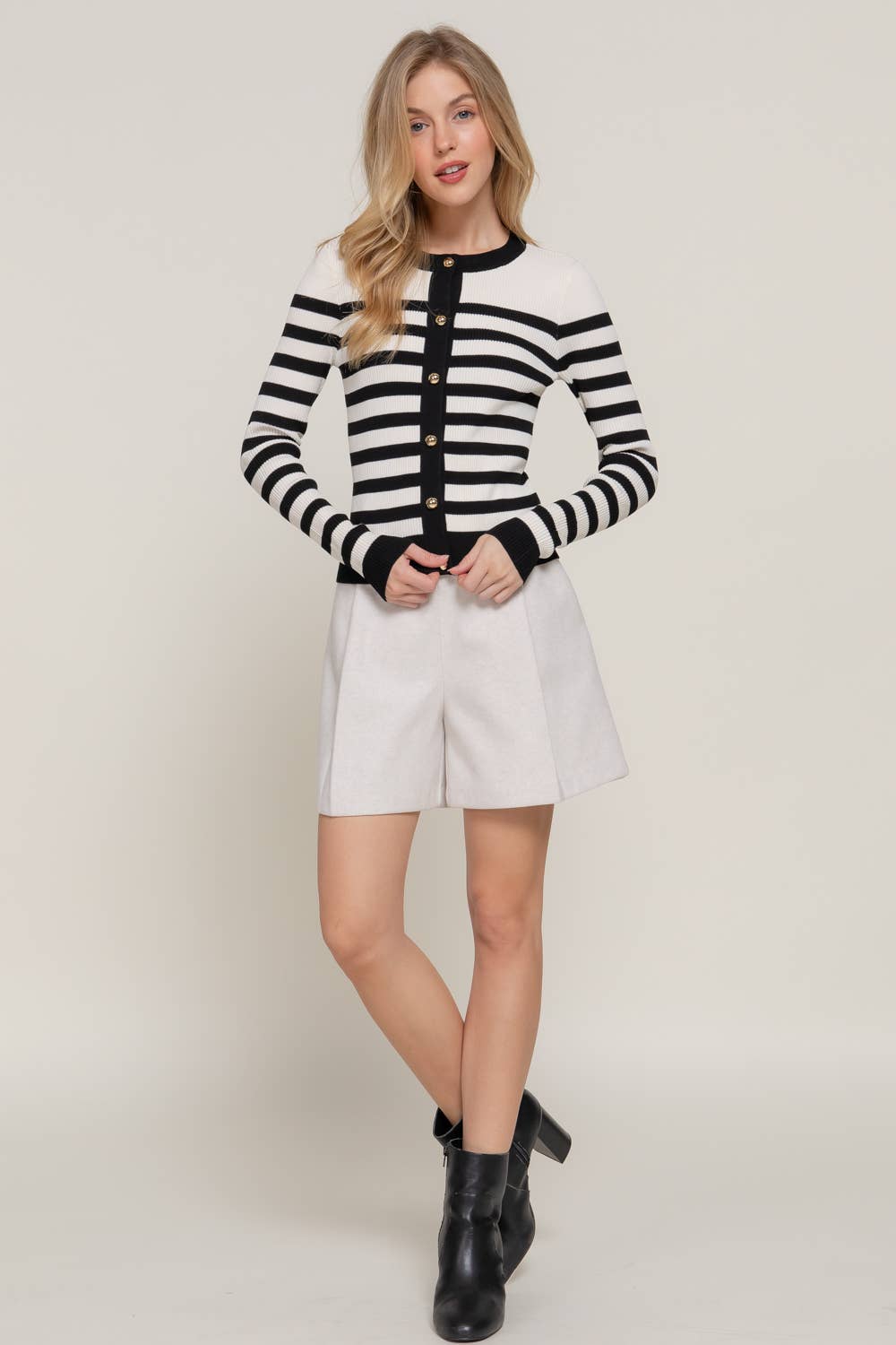Long Sleeve Crew Neck Stripe Sweater Cardigan