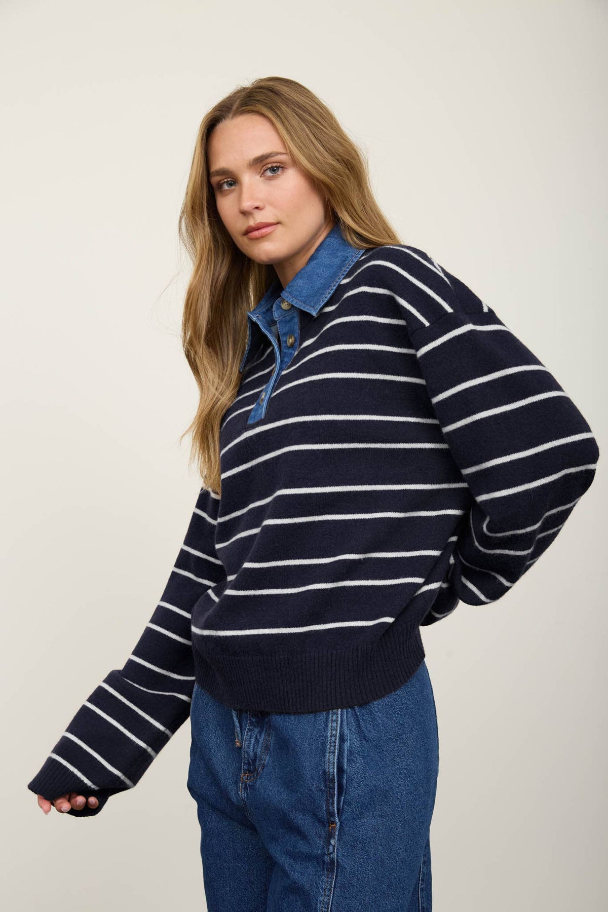 Denim Collar striped Sweater