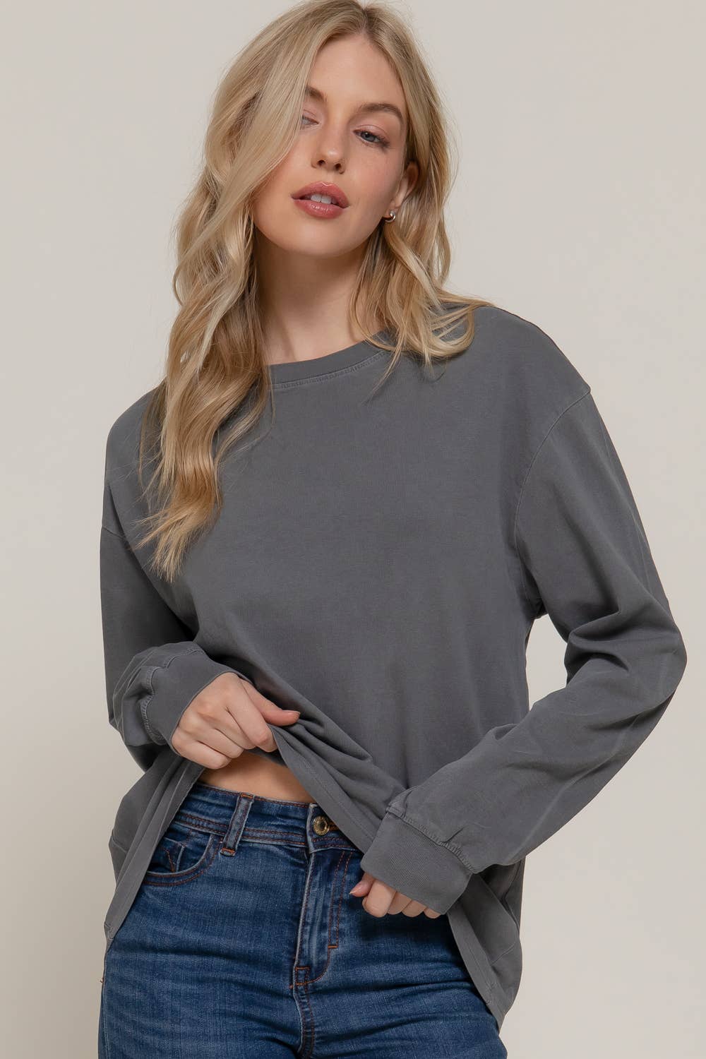 Long Sleeve Round Neck Garment Dye Tee