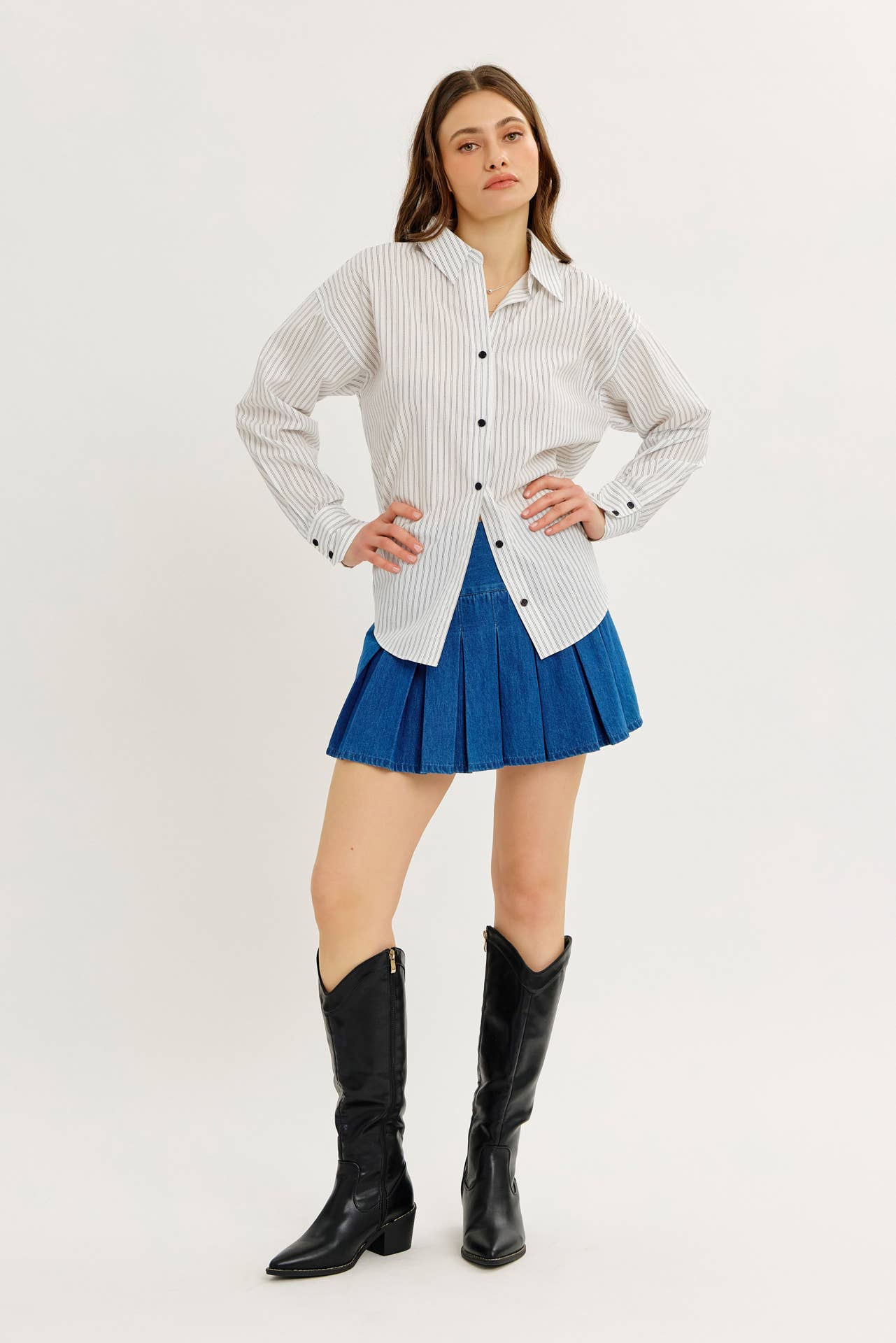 COTTON STRIPE BUTTON-DOWN SHIRT WITH LAPEL COLLAR