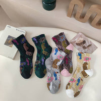 5 Pairs Vintage Embossed Floral Crew Socks