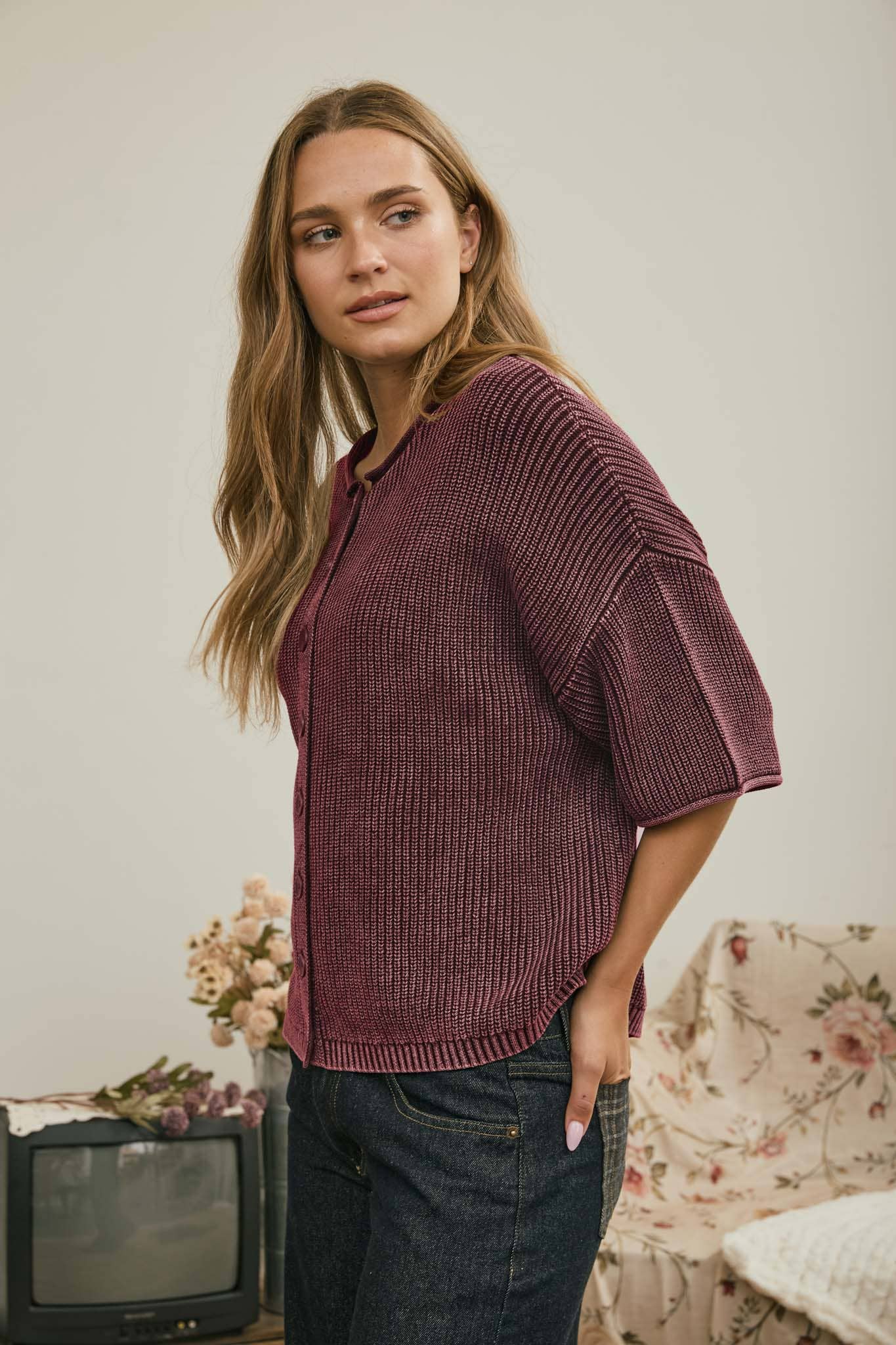 Washed Short Sleeve Cardigan