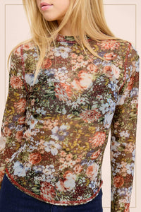 Semi Sheer Long Sleeve Floral Top