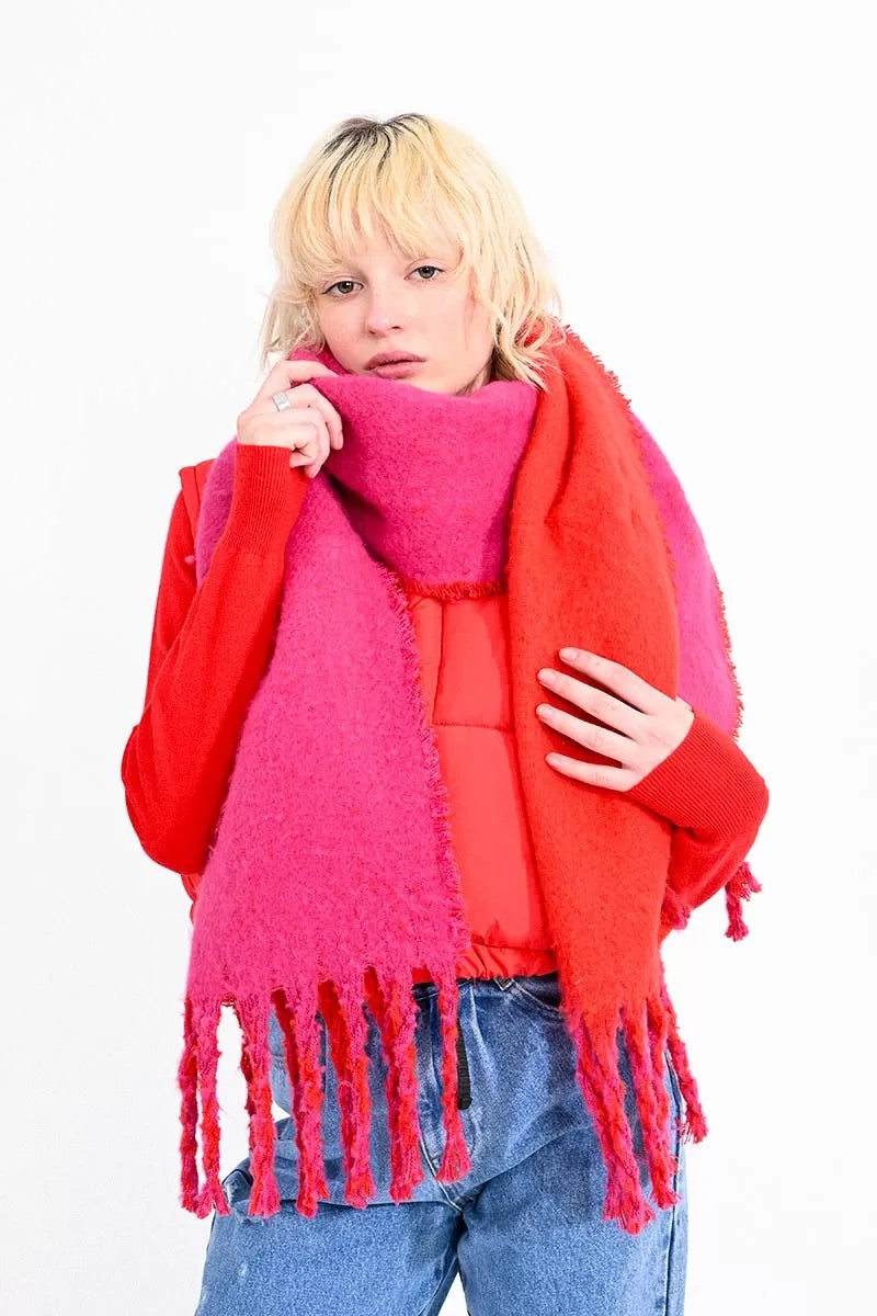 Thick Knitted Scarf-Red & Fuchsia