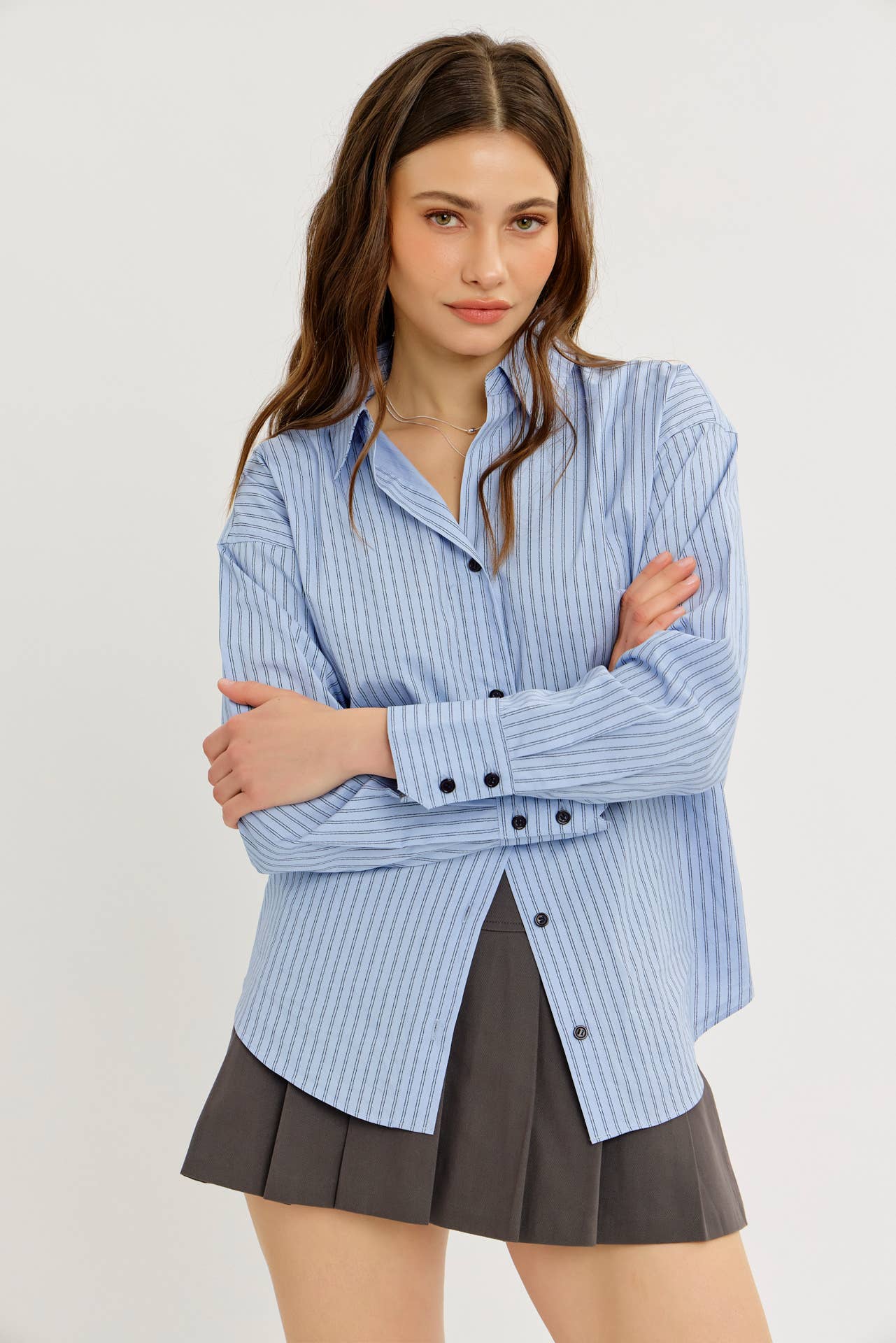 COTTON STRIPE BUTTON-DOWN SHIRT WITH LAPEL COLLAR