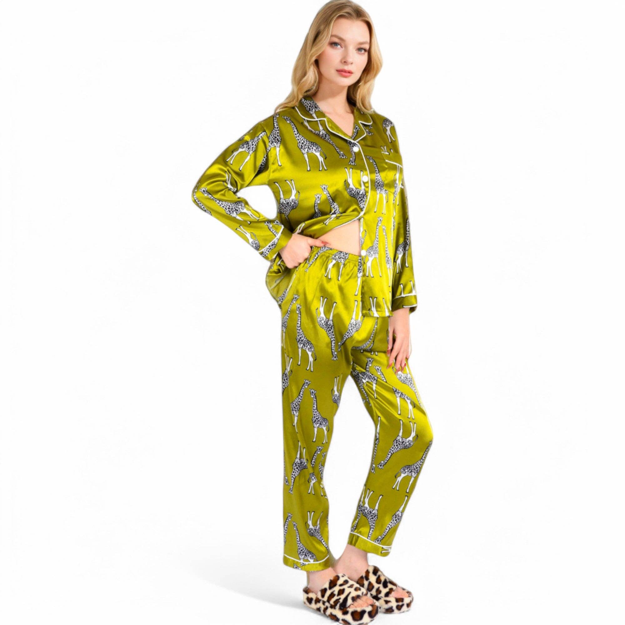 Giraffe Print Satin Pajama Set