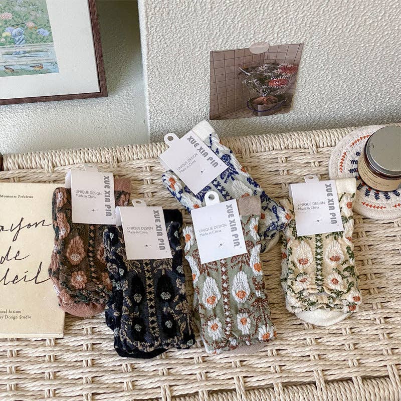 Vintage Style Floral Crew Socks (5 Pairs)