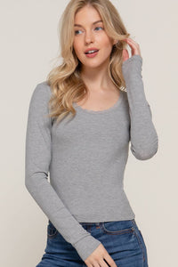 Long Sleeve Scoop Neck with Lace Trim Rib Knit Top