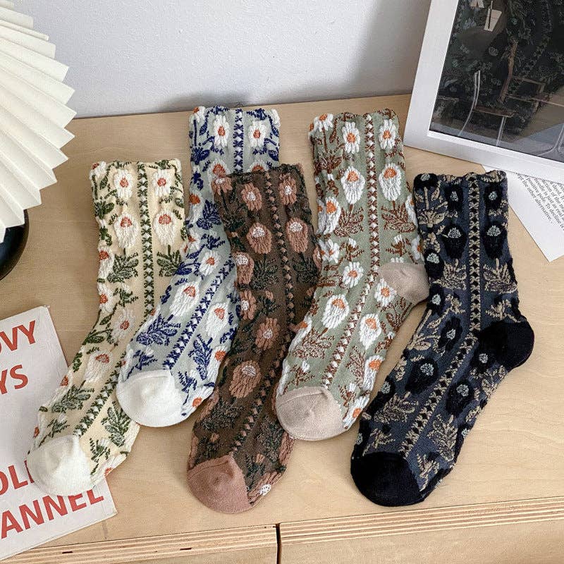 Vintage Style Floral Crew Socks (5 Pairs)