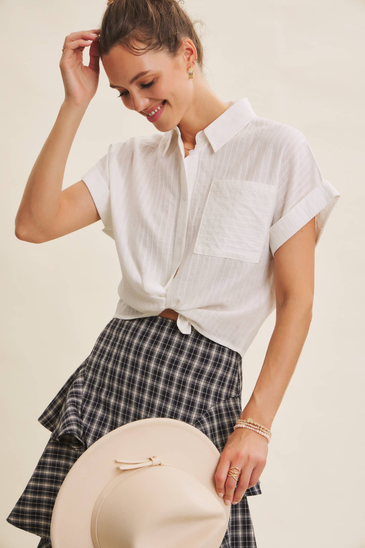 Cropped Short Sleeve Button Down Shirt