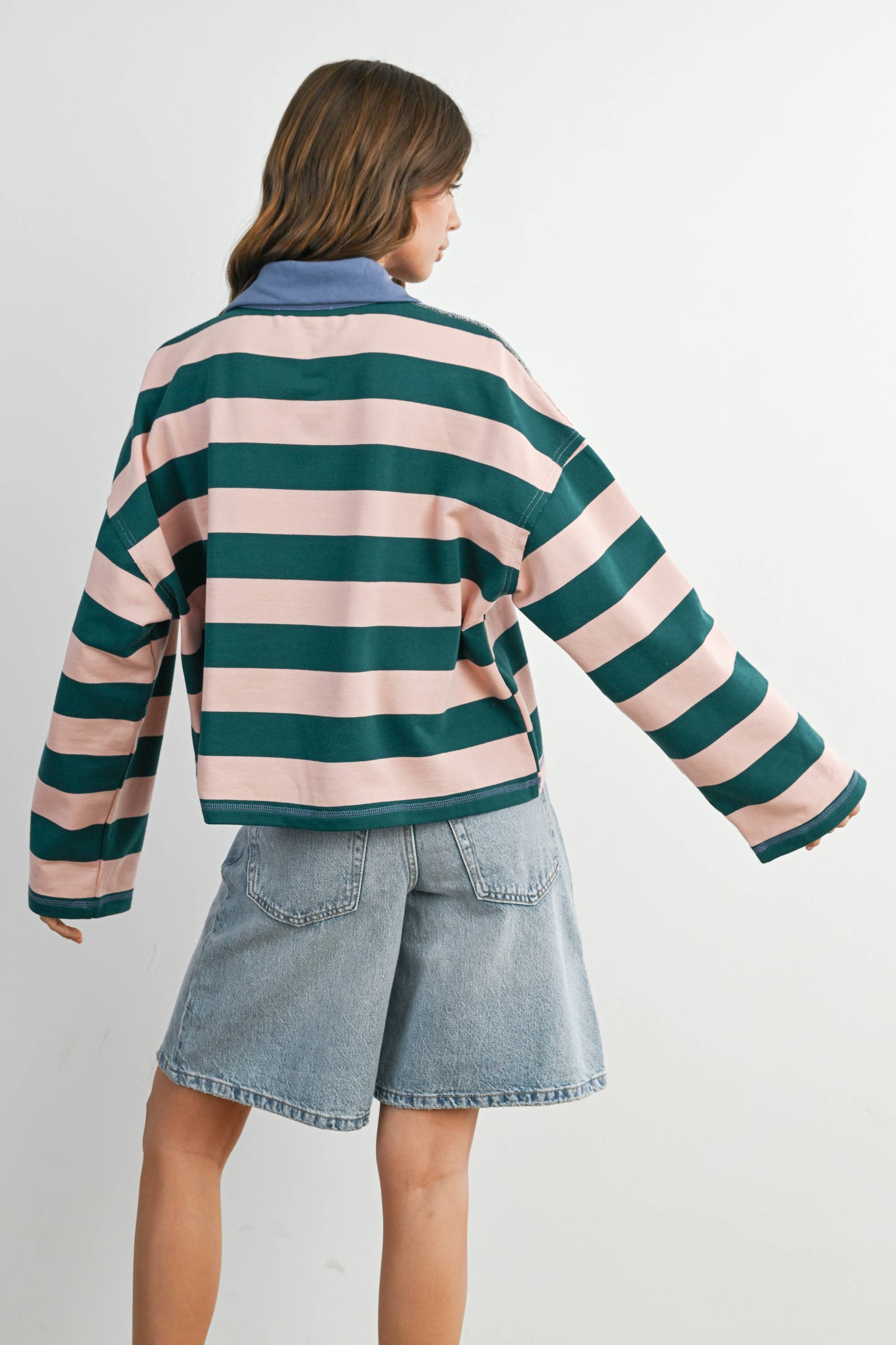 Striped Quarter-Zip Contrast Collar Top