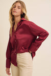 Button Down Satin Shirt- Burgundy