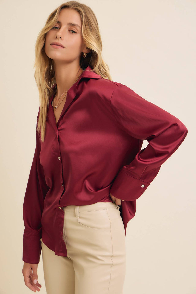 Button Down Satin Shirt- Burgundy