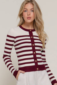 Long Sleeve Crew Neck Stripe Sweater Cardigan