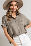 Charlie Button Down Satin Top- Olive