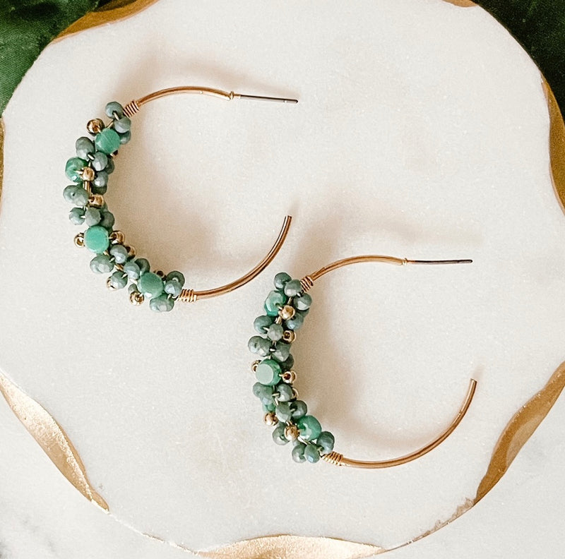 Glass Bead Cluster Hoop Earring- Green