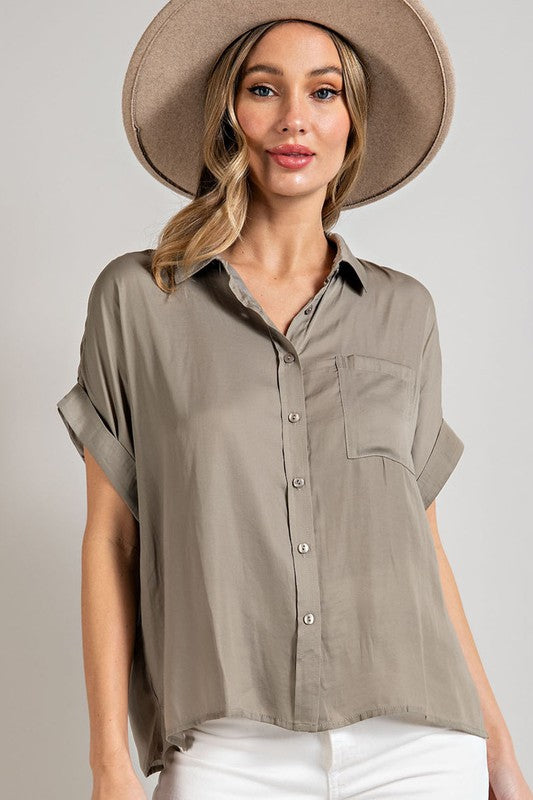Charlie Button Down Satin Top- Olive